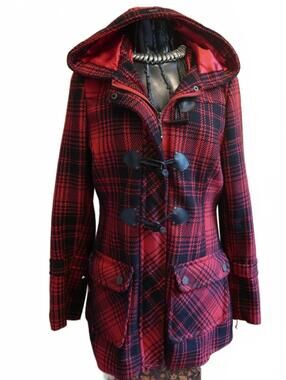 y2k XOXO Red and Black Plaid Hooded Toggle Coat Medium